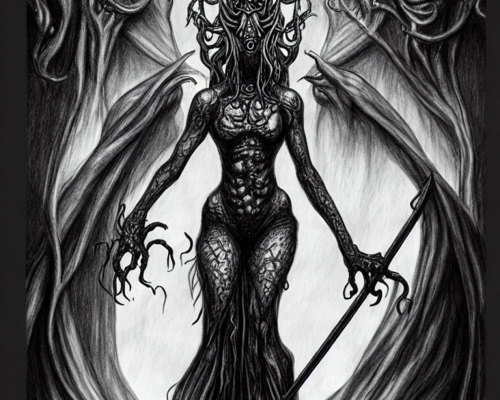 Monochrome fantasy creature with ornate headpiece, elongated limbs, svelte figure, holding staff