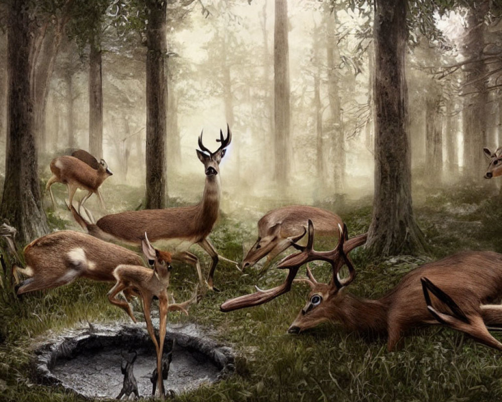 Deer in different poses in misty forest clearing