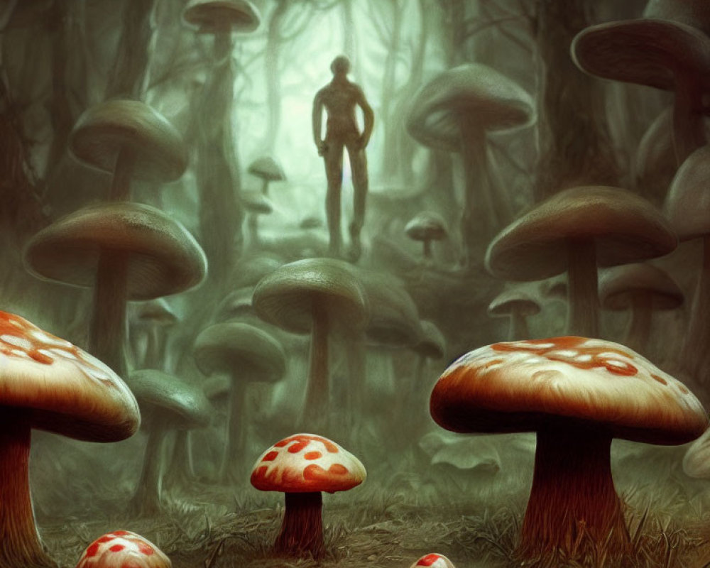 Silhouette of a person in misty enchanted forest with oversized mushrooms