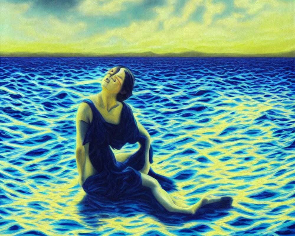 Woman in dark dress sitting on vivid blue water, tilting head back against yellow-clouded sky