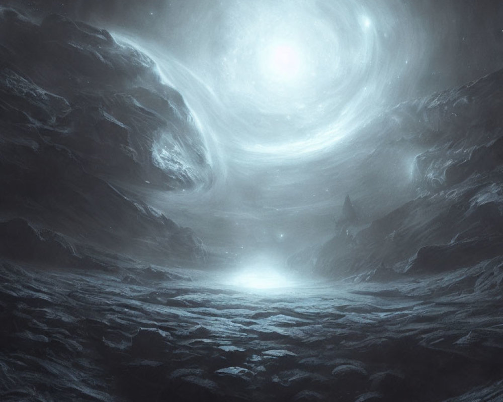 Monochromatic cosmic scene with swirling clouds and celestial light