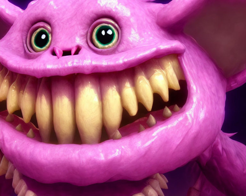 Purple furry creature with big green eyes and horns smiling with sharp teeth