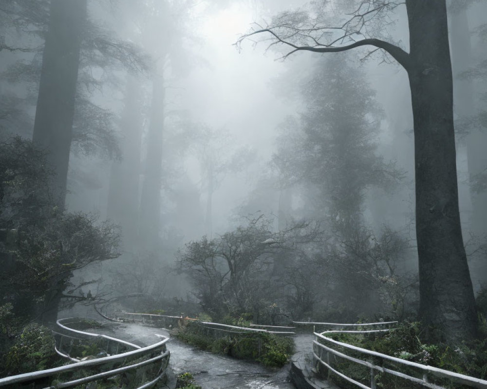 Misty forest with winding path and tall shadowy trees