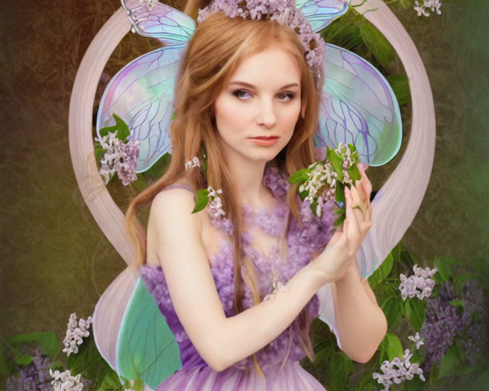 Digital illustration of a fairy with translucent wings and purple dress in a flower-filled scene holding a blossom