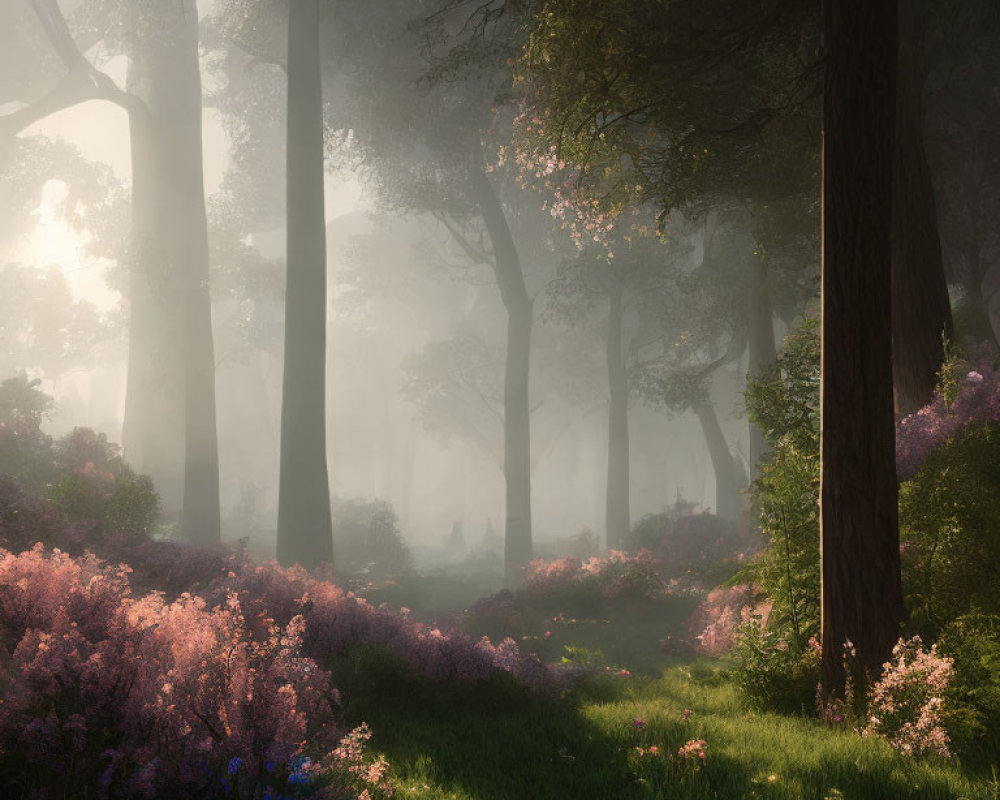 Ethereal forest scene with mist, towering trees, and purple flowers