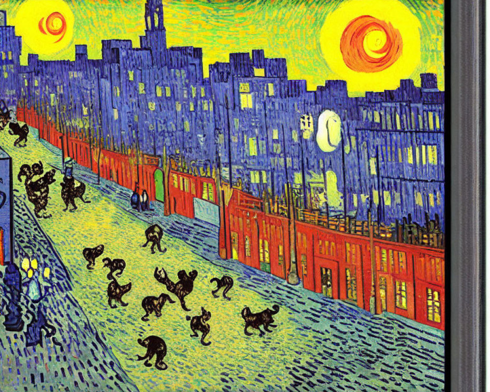 Vibrant expressionist night scene with swirling sky and silhouetted figures