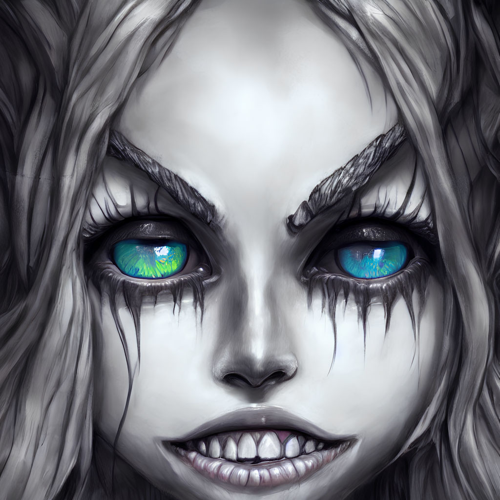 Detailed illustration of female face with blue eyes, dark makeup, white skin, sharp teeth