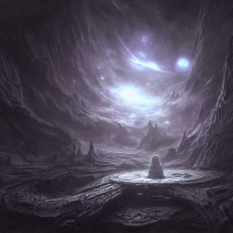 Monochromatic fantasy landscape with celestial bodies and ornate platform