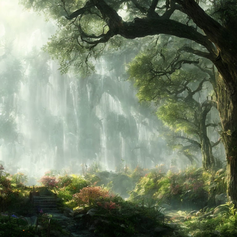 Tranquil forest landscape with majestic tree, misty sunlight, and distant waterfall