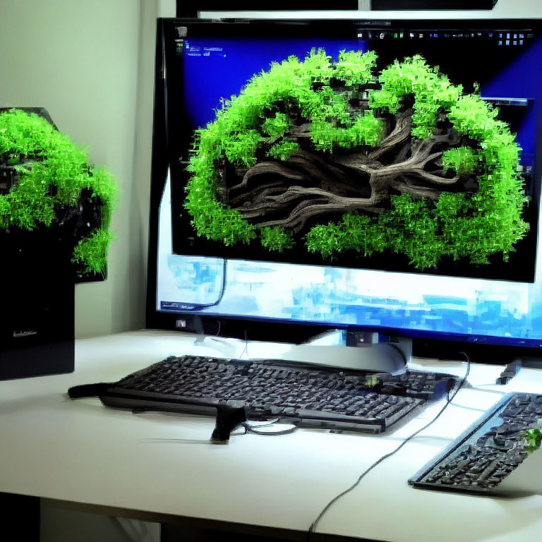 Dual Monitor Setup with 3D Tree Model, Keyboard, Mouse & Graphic Tablet on White Desk