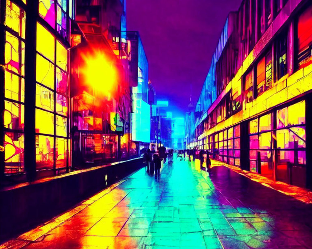 Colorized urban street at night with pedestrians and neon palette