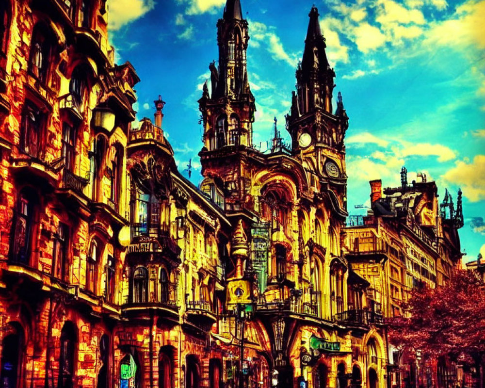 Ornate Gothic buildings in vibrant sunset light