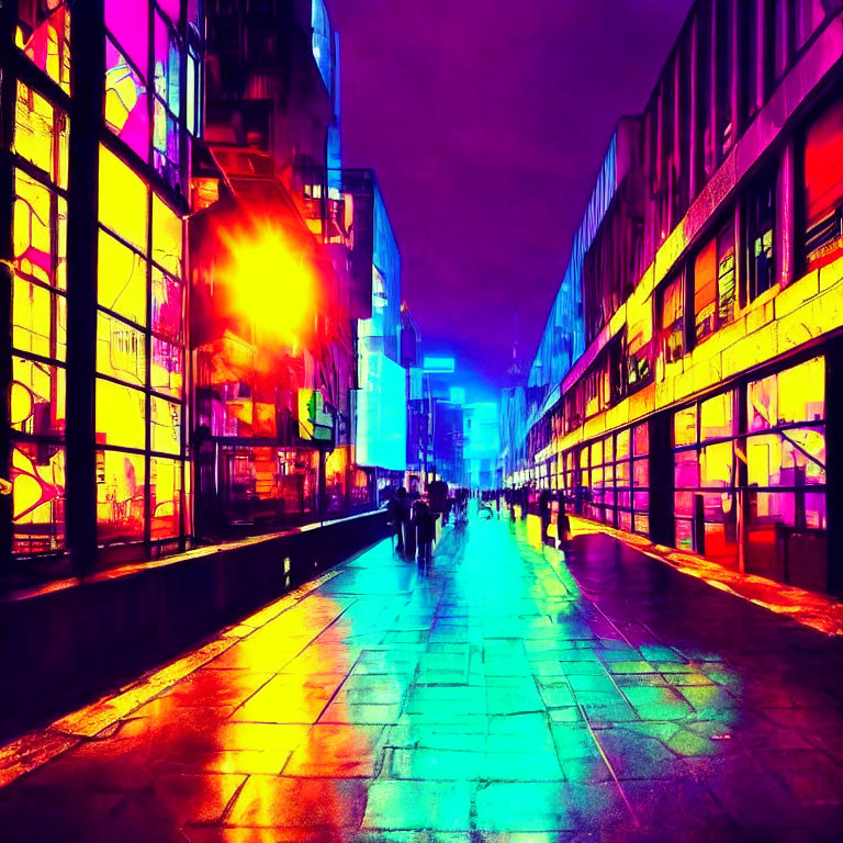 Colorized urban street at night with pedestrians and neon palette