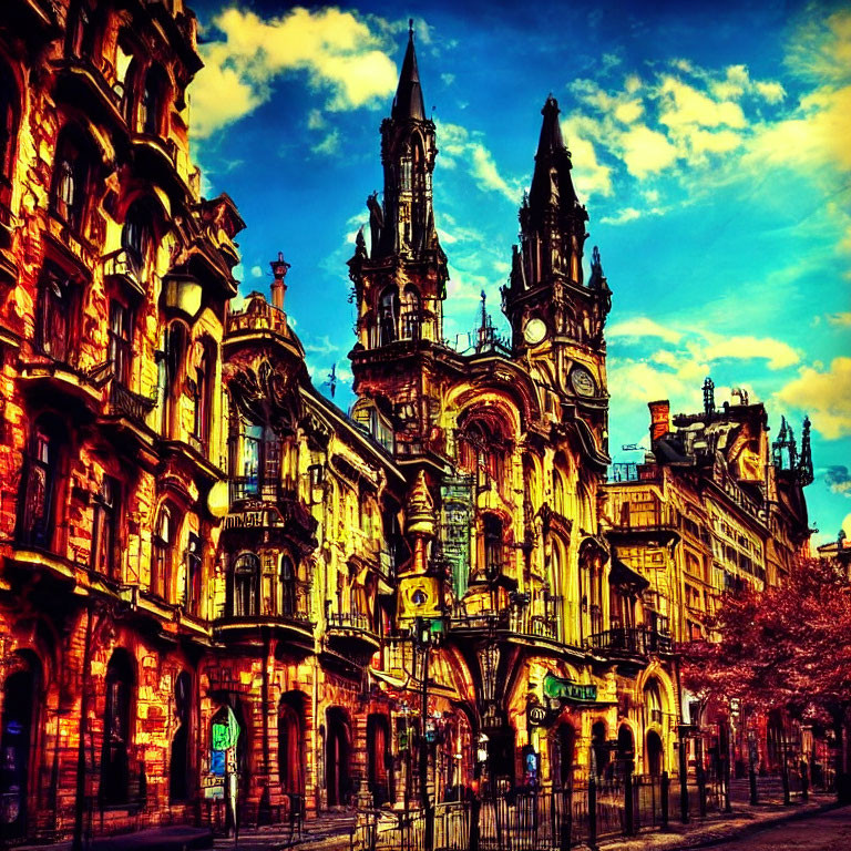 Ornate Gothic buildings in vibrant sunset light