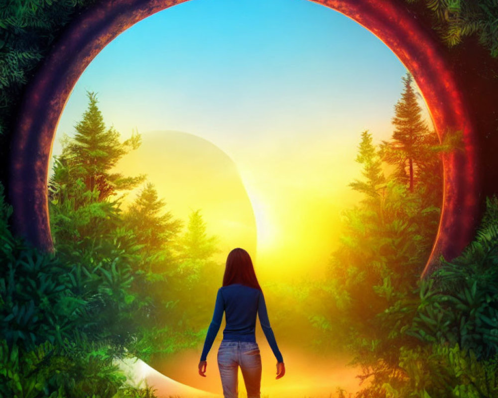 Woman admires sunset at magical forest gateway