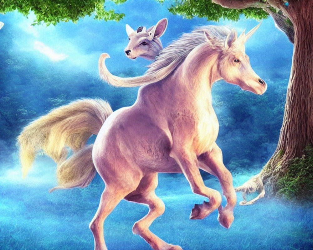 Majestic white unicorn with golden mane in enchanted forest galloping.