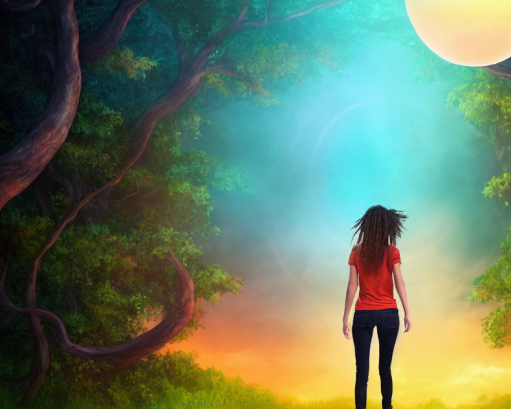 Person with dreadlocks in red t-shirt walks towards bright orb in mystical forest