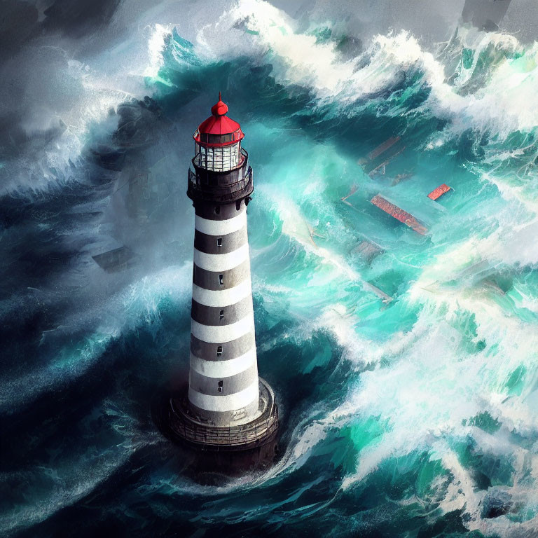 Striped lighthouse in stormy sea with shipwreck scene