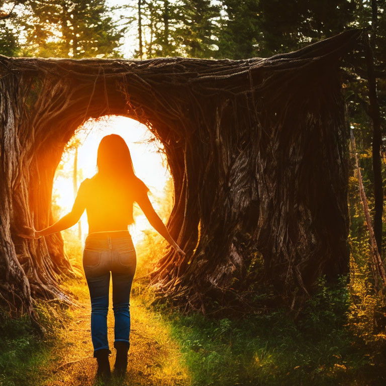 Person standing before large sunlit hollow tree trunk in lush forest at sunset