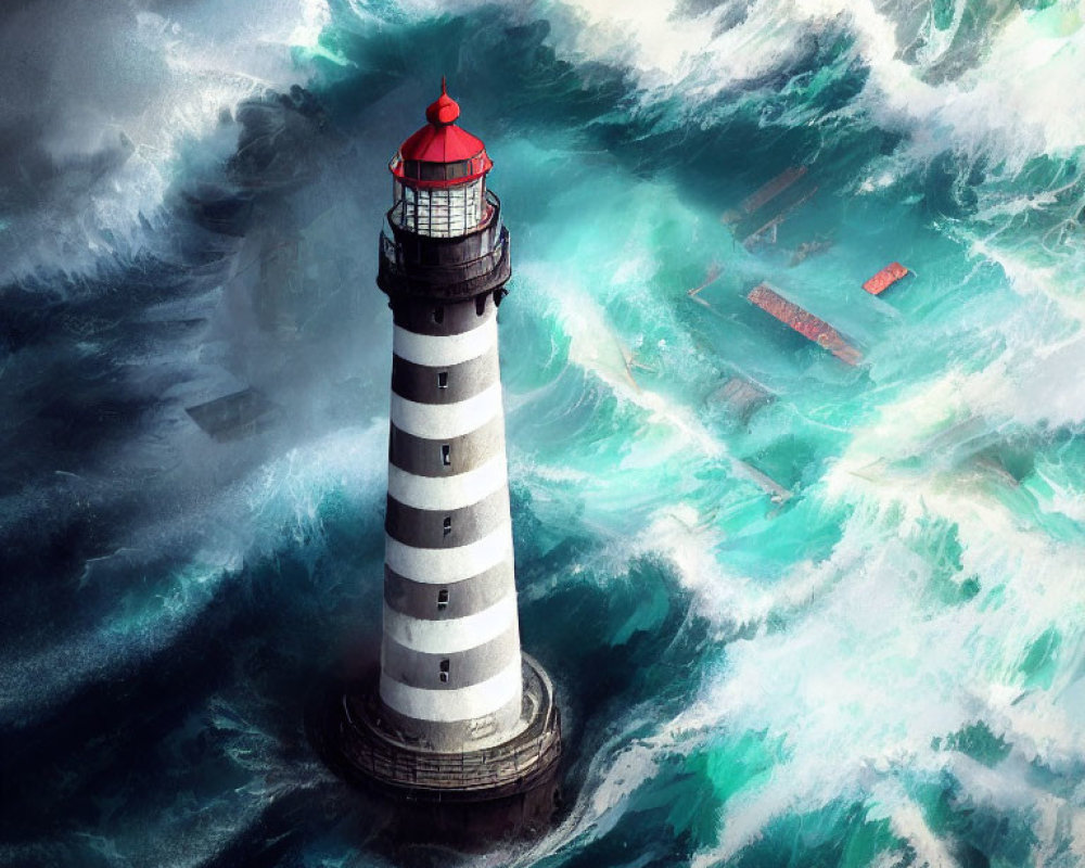 Striped lighthouse in stormy sea with shipwreck scene