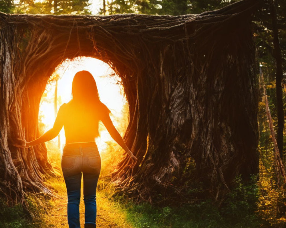 Person standing before large sunlit hollow tree trunk in lush forest at sunset