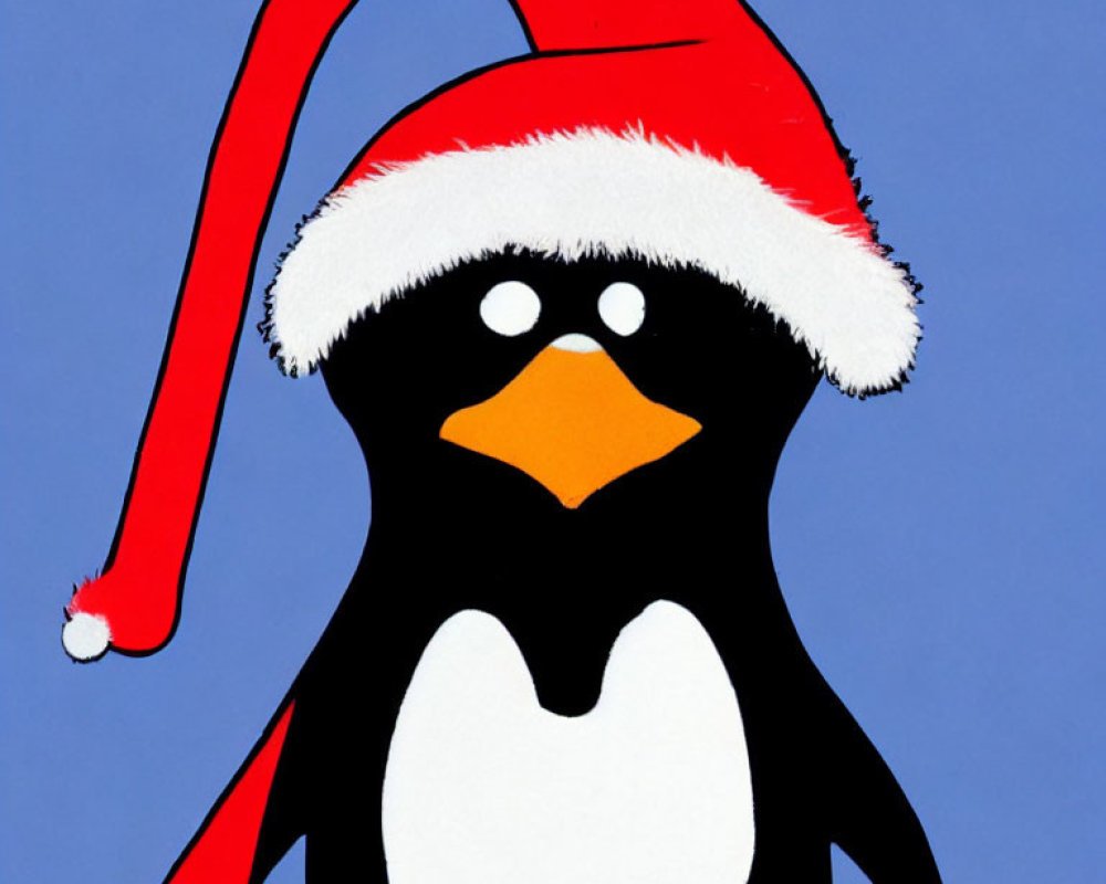 Cartoon Penguin with Santa Hat on Blue Background