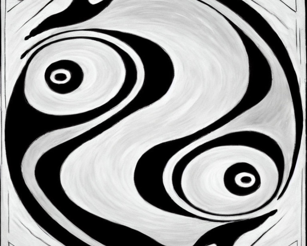 Monochrome swirling yin-yang shapes in abstract painting