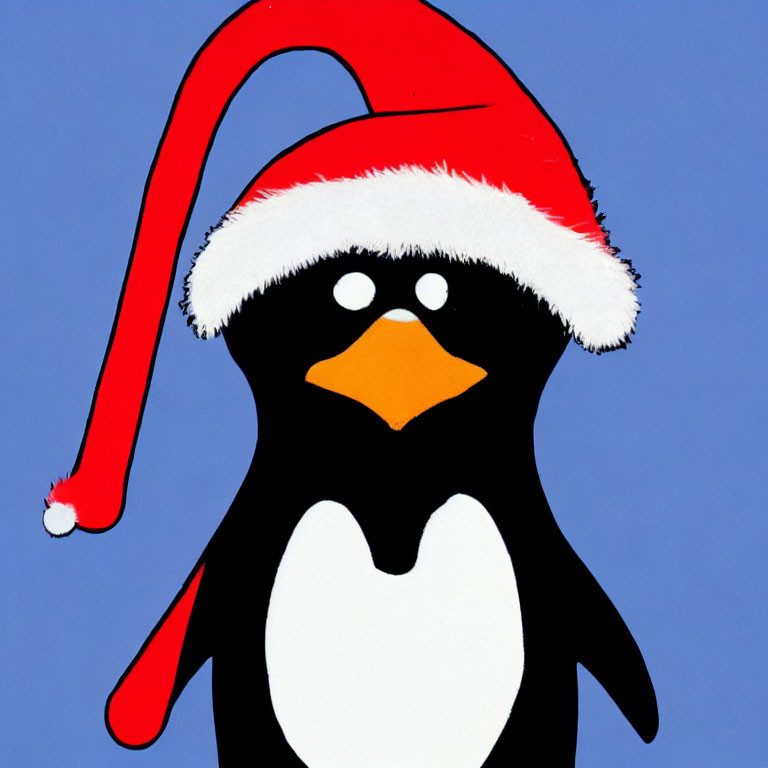 Cartoon Penguin with Santa Hat on Blue Background