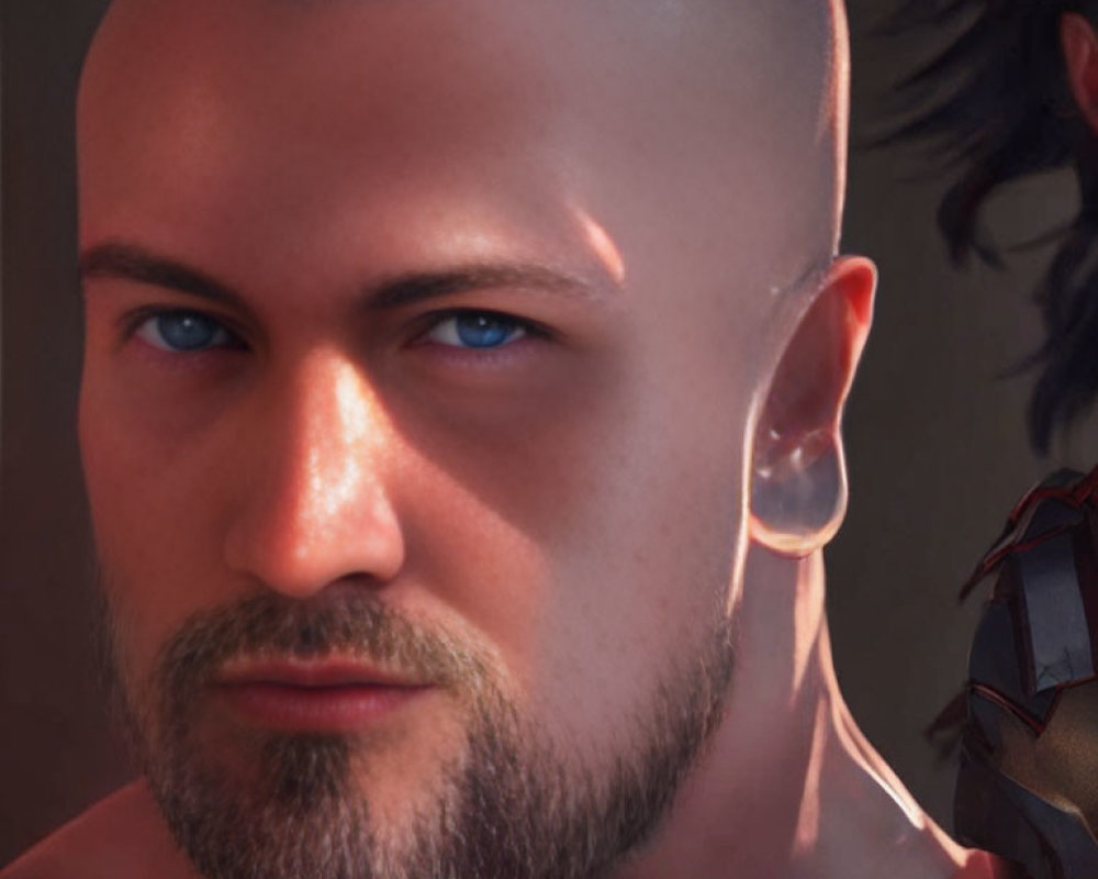 Male character with stern look, beard, shaved sides haircut, and left ear earring