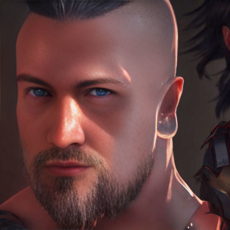 Male character with stern look, beard, shaved sides haircut, and left ear earring