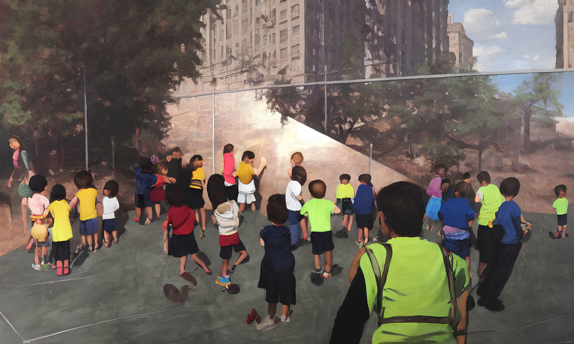 Children play with reflective art installation in urban setting