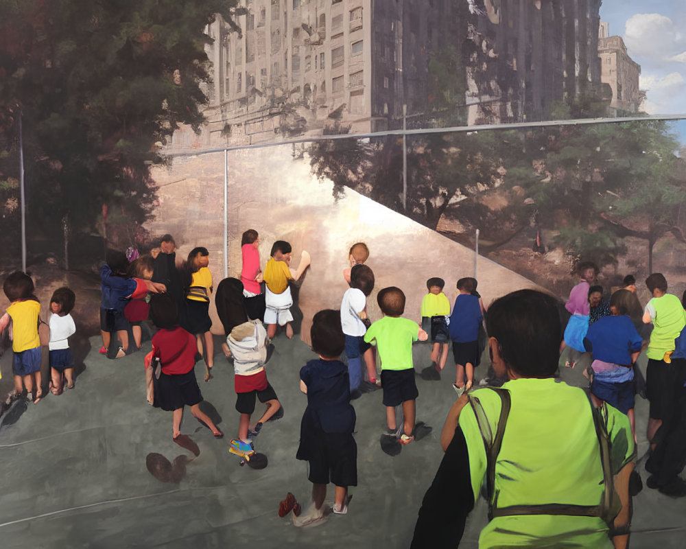 Children play with reflective art installation in urban setting