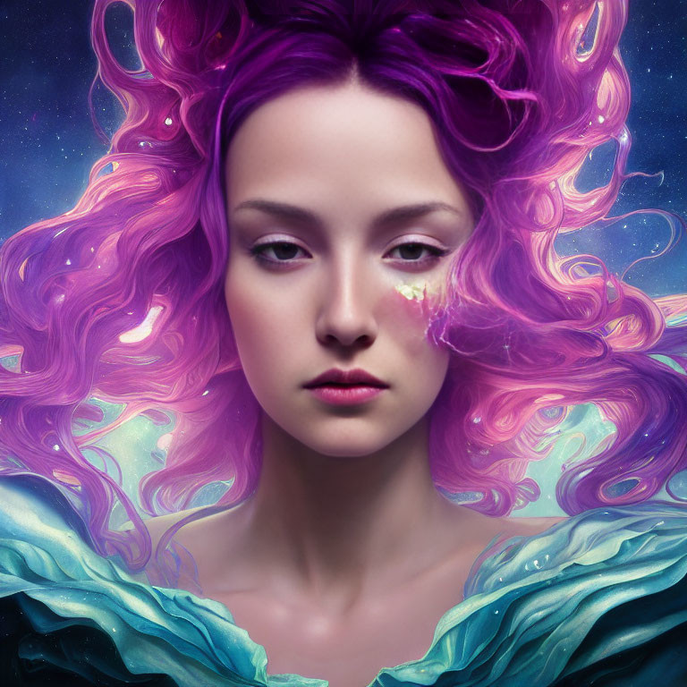 Vibrant purple-haired woman in ethereal attire against celestial backdrop