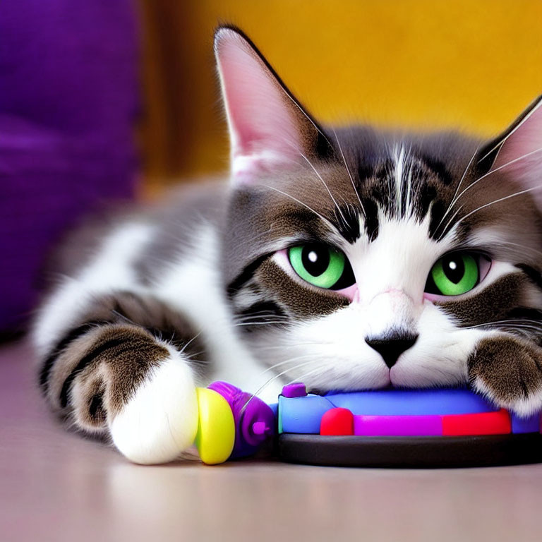 Gray and White Cat with Green Eyes Resting Near Colorful Toys