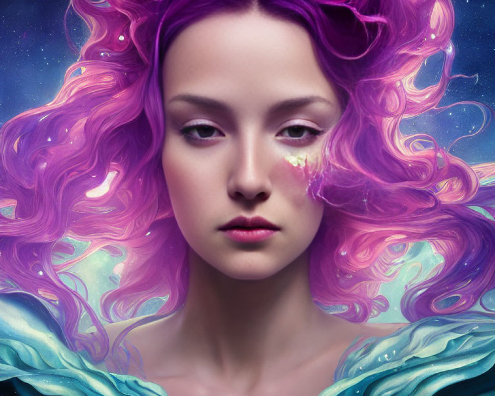 Vibrant purple-haired woman in ethereal attire against celestial backdrop