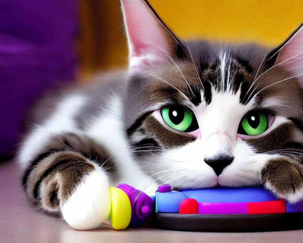 Gray and White Cat with Green Eyes Resting Near Colorful Toys