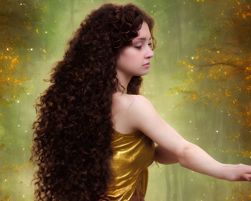 Long Curly Brown-Haired Woman in Golden Top and Skirt in Mystical Forest