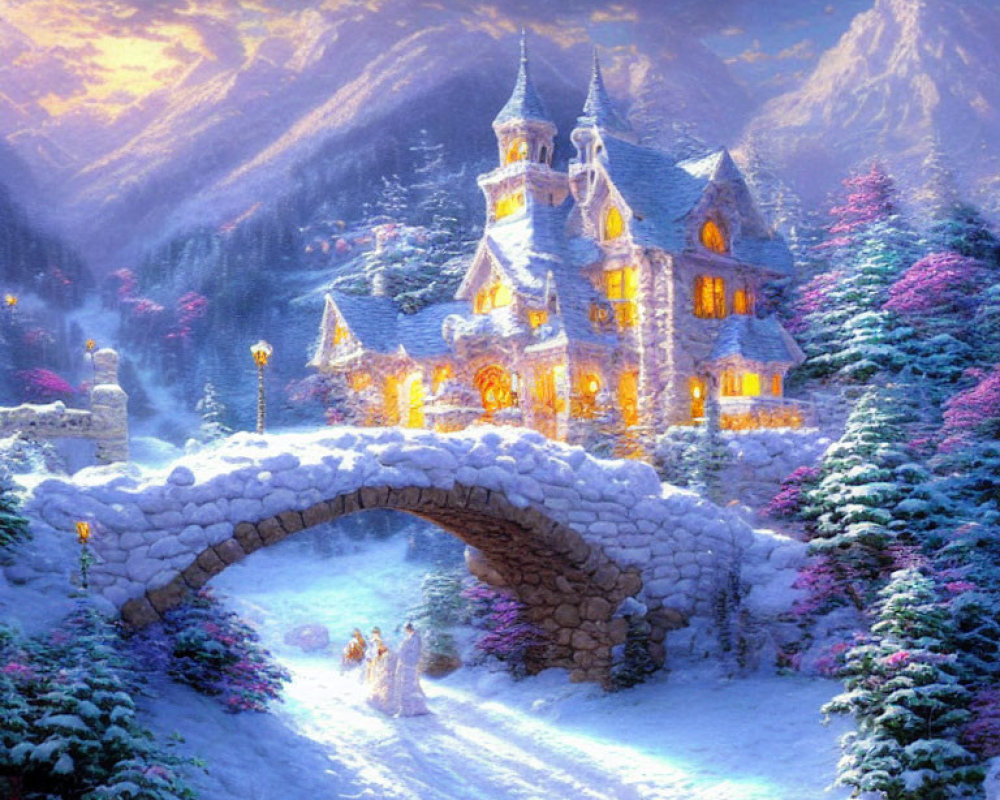 Winter fairytale scene: grand castle, snowy trees, stone bridge, couple walking.