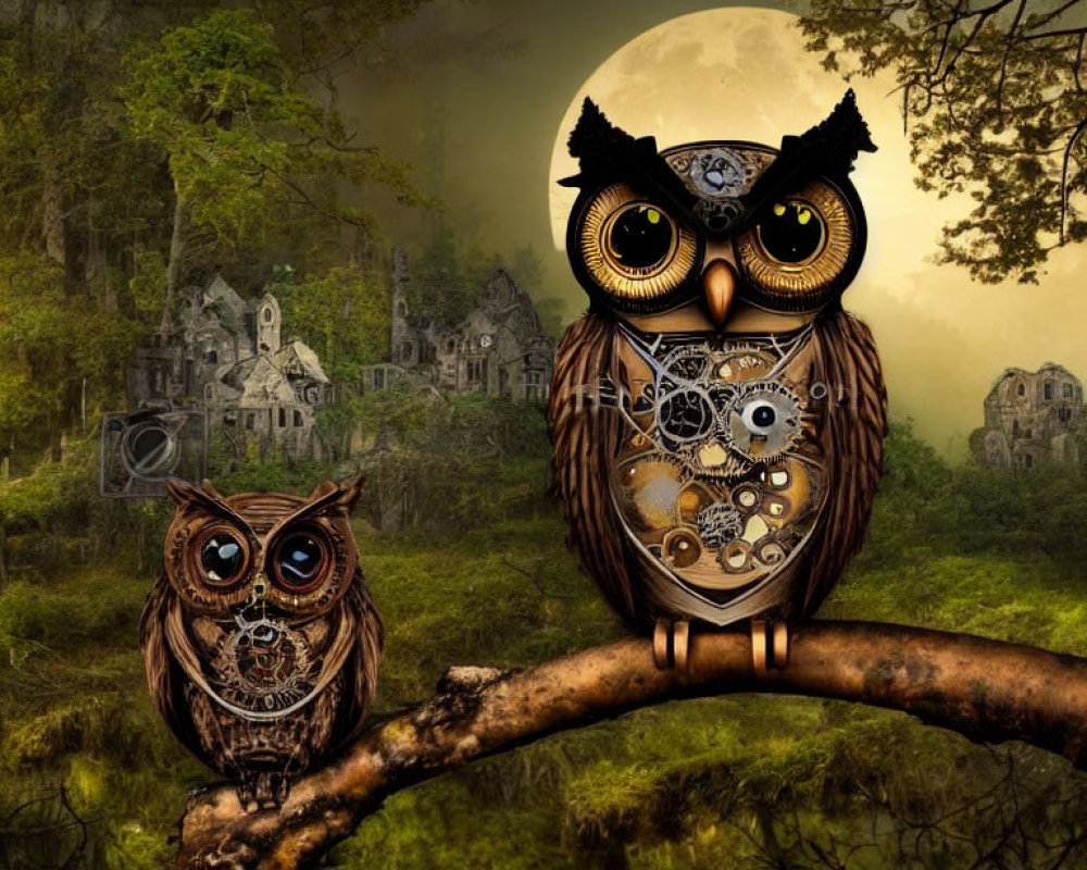 Steampunk-themed owls on branch in eerie forest with ruins