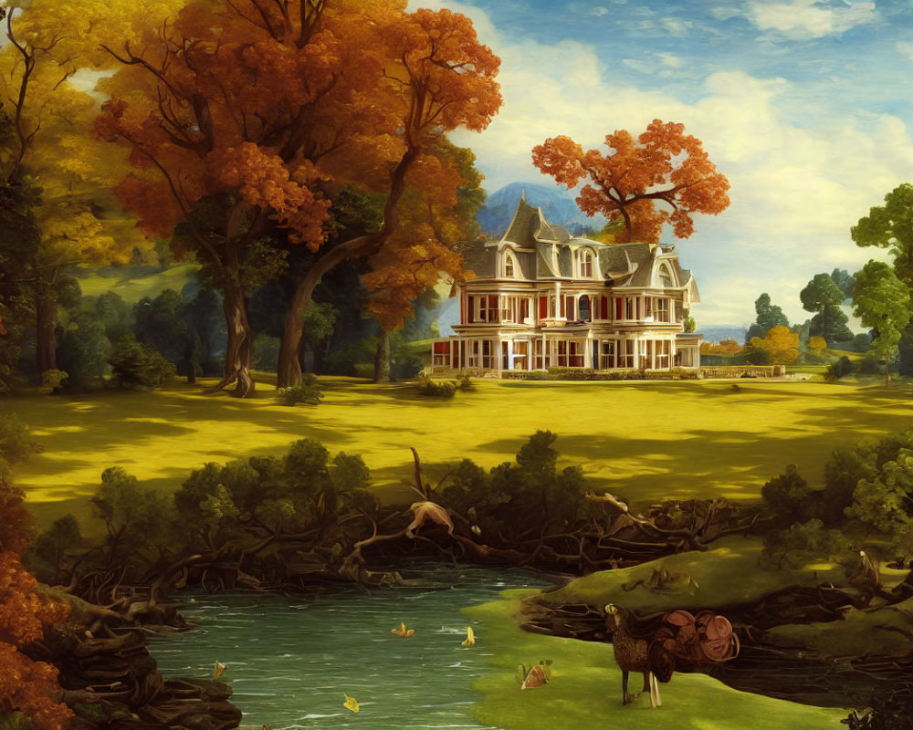 Victorian house in autumn landscape with animals and stream