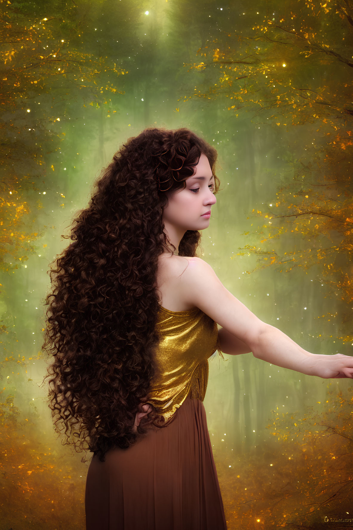 Long Curly Brown-Haired Woman in Golden Top and Skirt in Mystical Forest