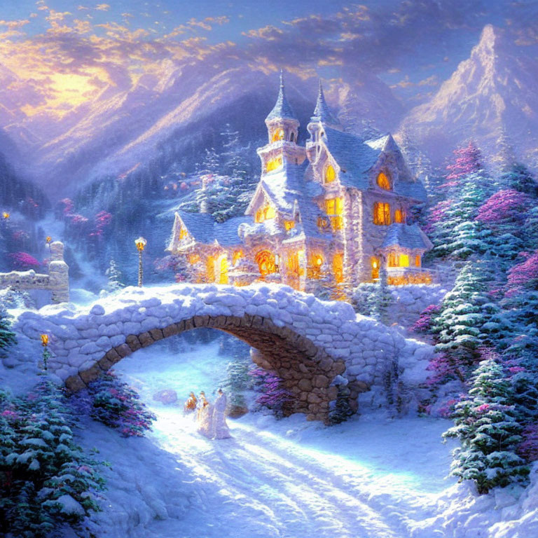 Winter fairytale scene: grand castle, snowy trees, stone bridge, couple walking.