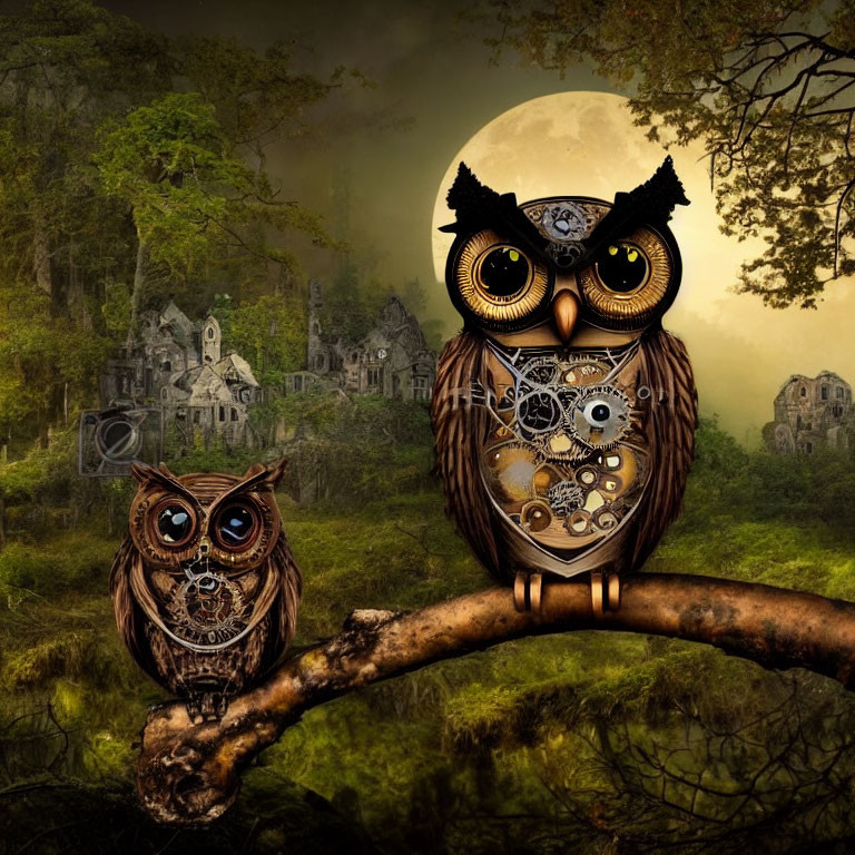 Steampunk-themed owls on branch in eerie forest with ruins