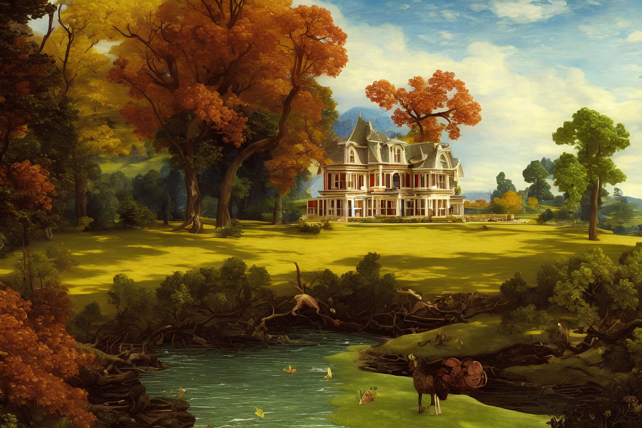 Victorian house in autumn landscape with animals and stream