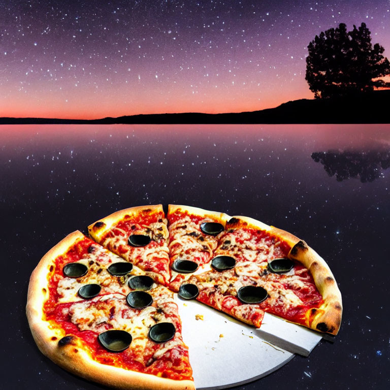 Pepperoni and olive pizza pie chart on reflective surface with night sky and lone tree