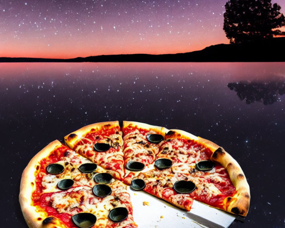 Pepperoni and olive pizza pie chart on reflective surface with night sky and lone tree