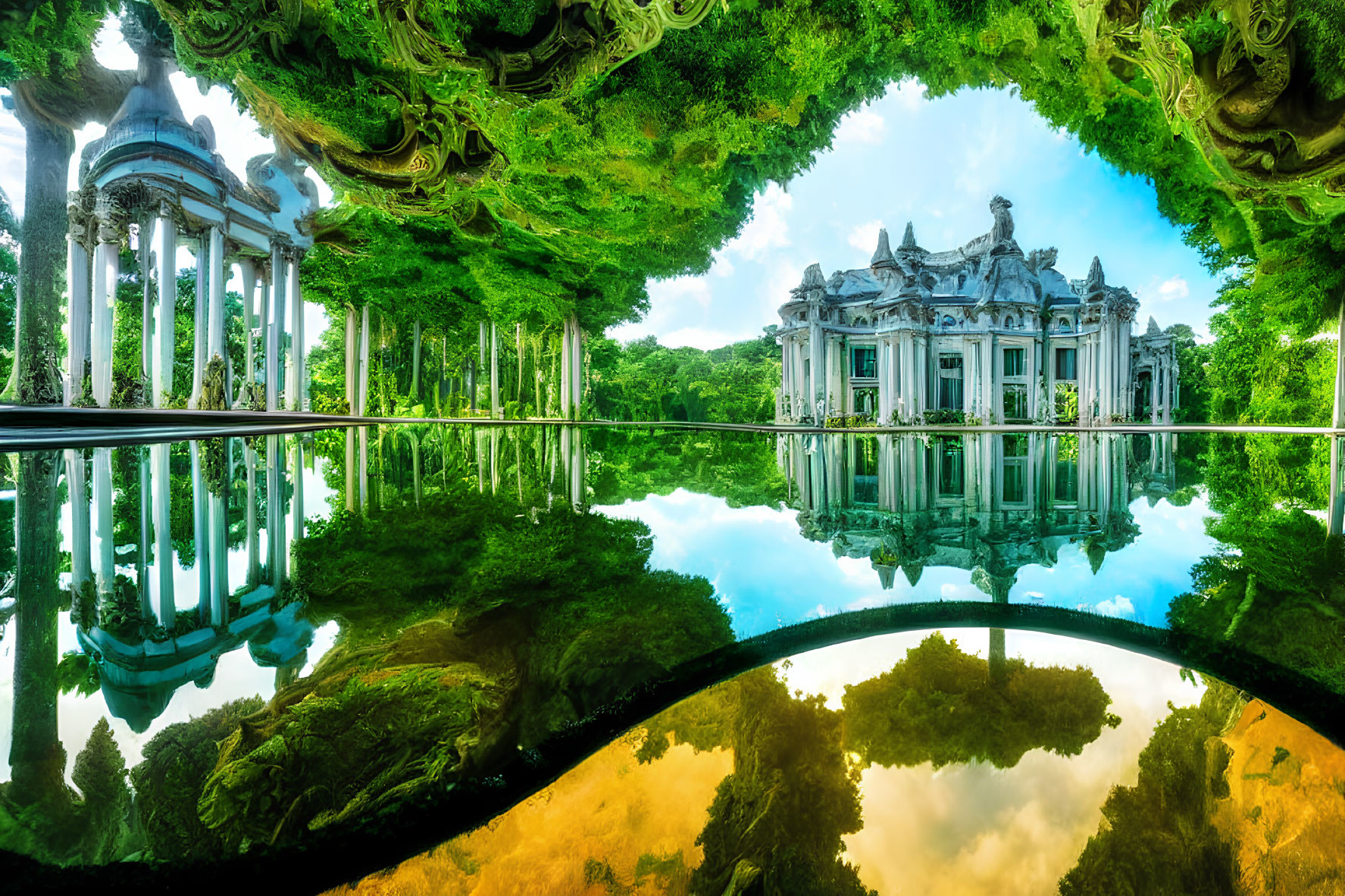 Tranquil pond with classical pavilion and lush greenery