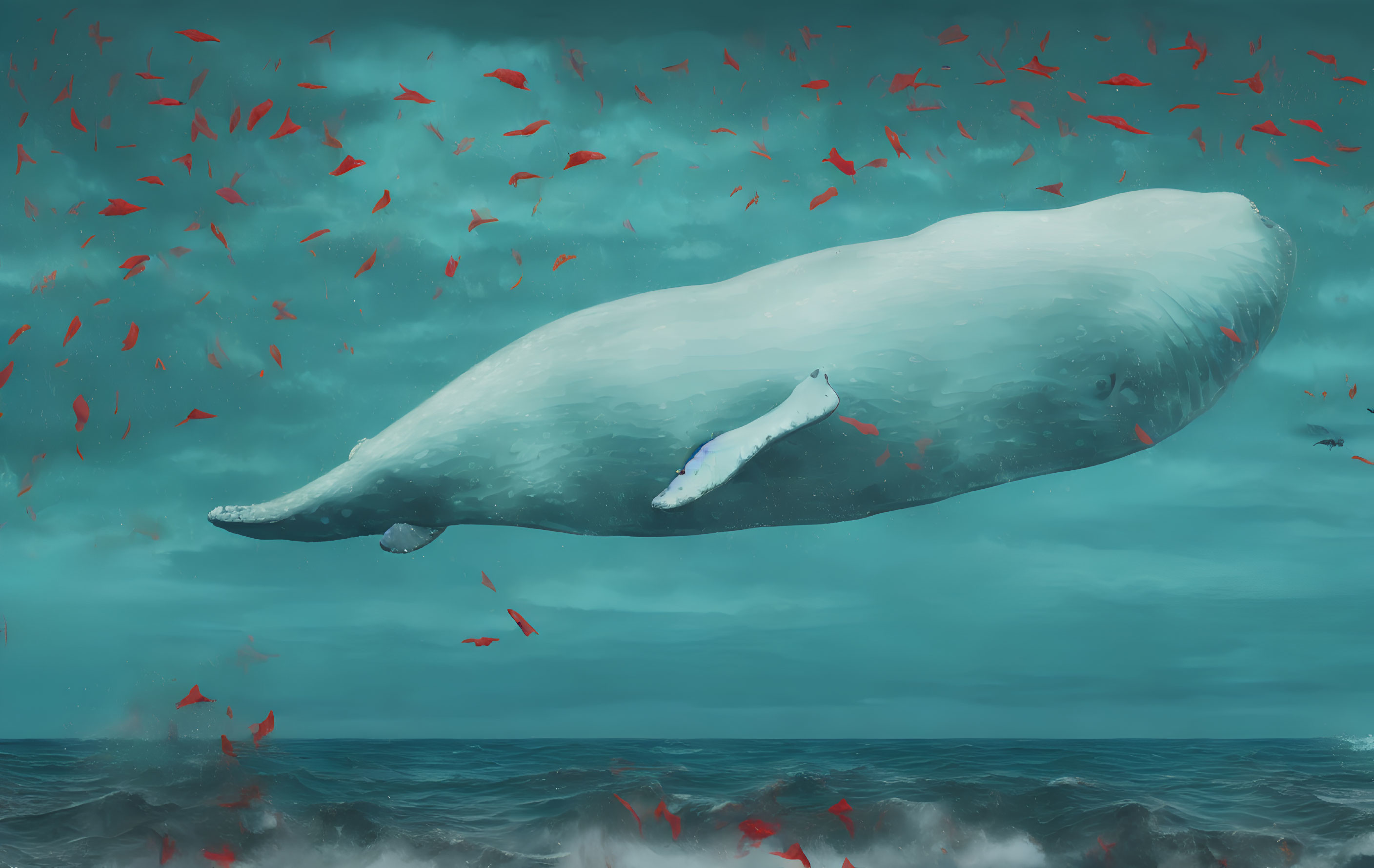 White whale surrounded by red fish in stormy ocean