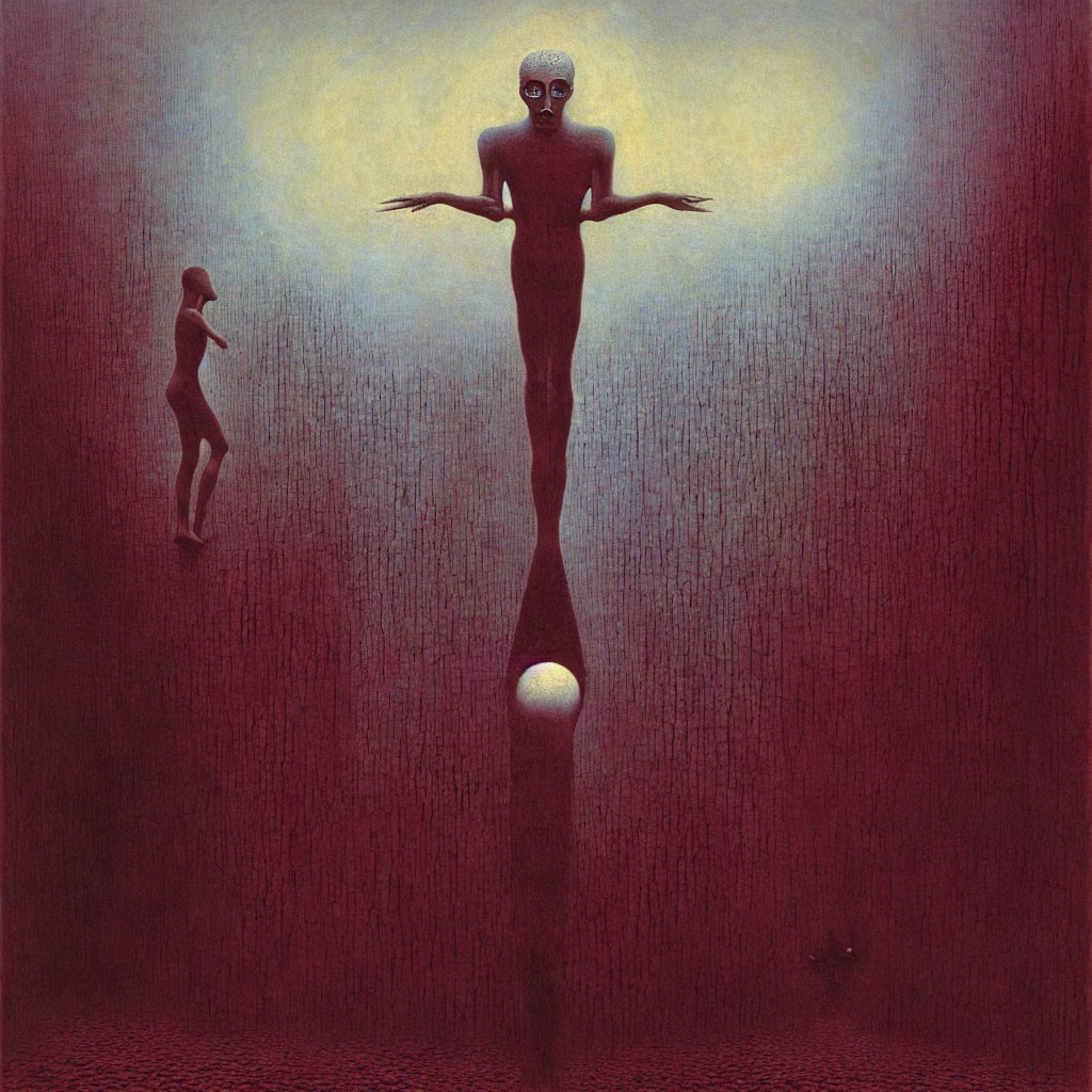 Surreal painting of humanoid figures in red misty space