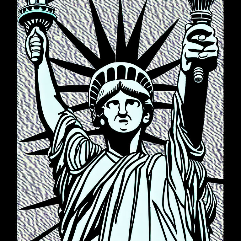 Monochrome Statue of Liberty illustration with radiant crown and torch on striped background